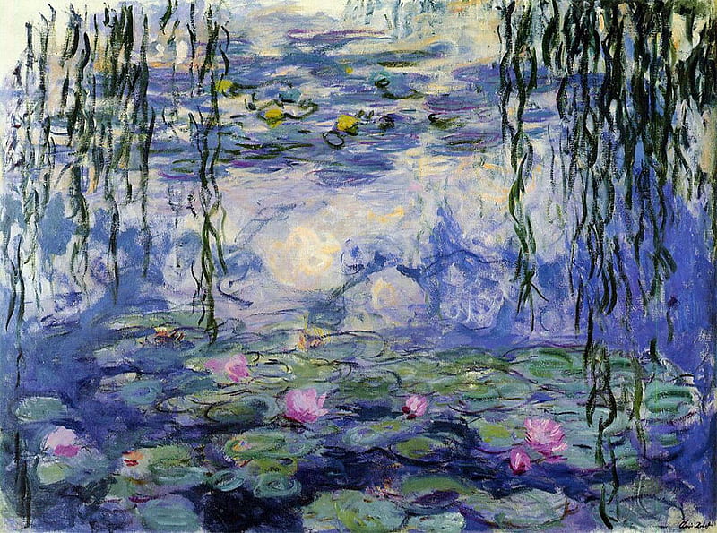 Monet water lillies, lillies, monet, reflection, sky, lake, HD wallpaper