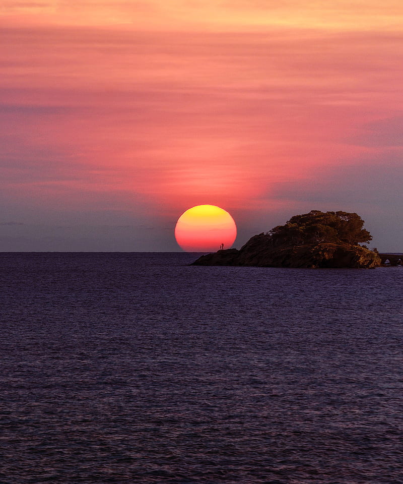 sunset, sun, horizon, rock, sea, HD phone wallpaper