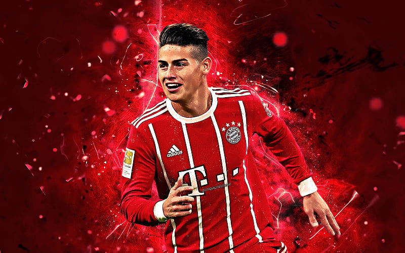 James Rodriguez, midfielder, Bayern Munich FC, colombian footballers, soccer, James, Bundesliga, neon lights, Germany, HD wallpaper