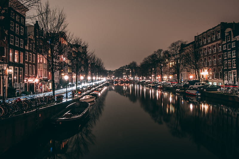 night city, canal, city lights, amsterdam, netherlands, HD wallpaper
