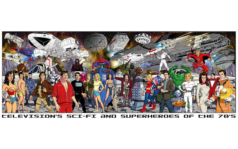 Can you name them All?, art, superhero, television, tv, sci-fi, 70s, drawing, scifi, seventies, superheroes, HD wallpaper