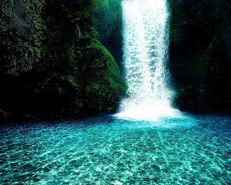 ✼.Waterfall in the Summer.✼, colors, love four seasons, bonito, attractions in dreams, creative pre-made, waterfalls, waterscapes, cool, bright, summer, crisp, nature, rivers, blue, falls, HD wallpaper