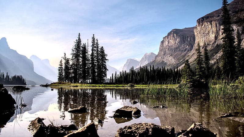 Spirit Island, Jasper National Park, Canada, alberta, maligne, lake, trees, mountains, rocks, HD wallpaper