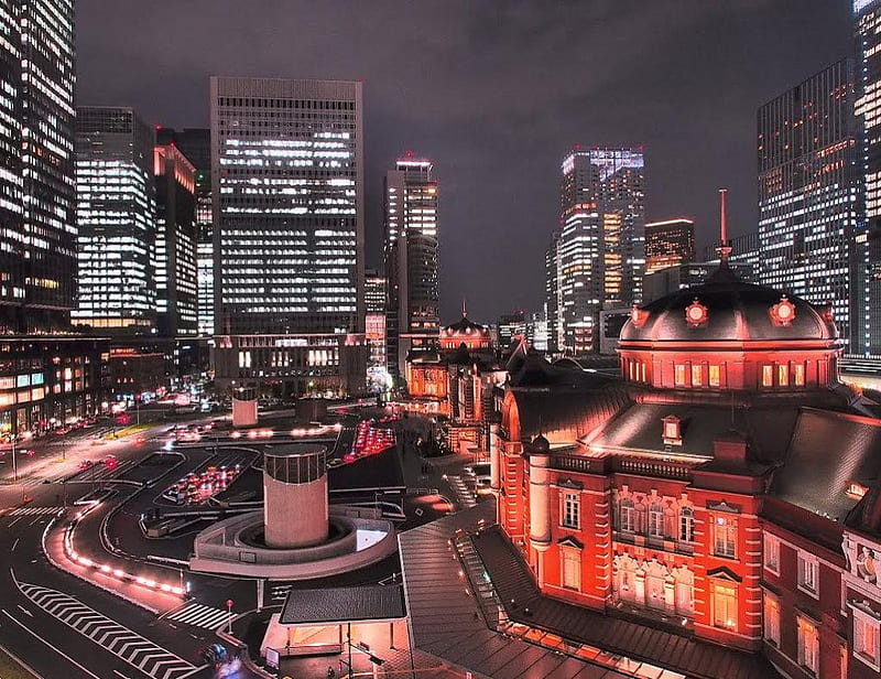 Tokyo Station, japan, city, nigjt, tokyo, station, scenery, HD wallpaper