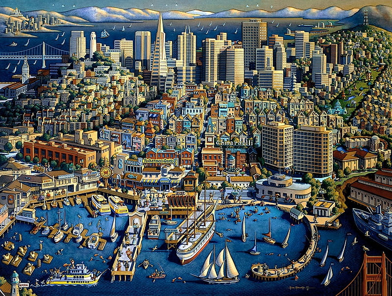 San Francisco, art, city, water, painting, eric dowdle, sea, blue, HD wallpaper