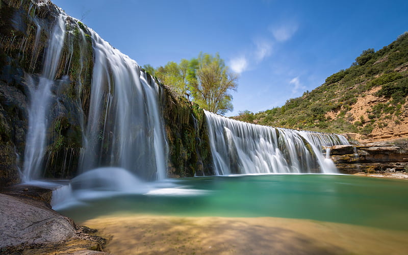 Salto de Bierge, beautiful waterfall, lake, mountain landscape, Aragon, Spain, Alcanadre River, HD wallpaper