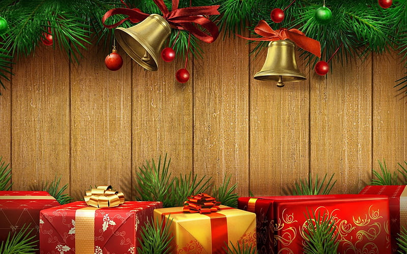 christmas decorations, Happy New Year, wooden background, christmas bells, xmas, Christmas, HD wallpaper