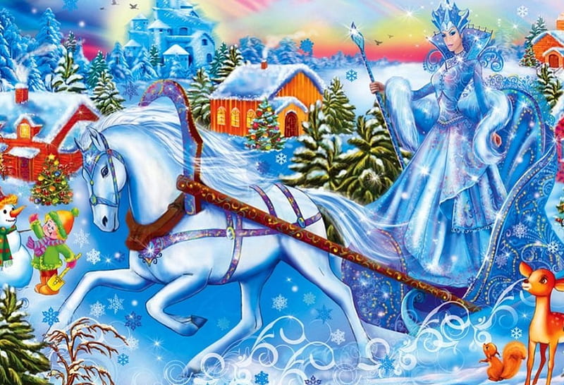 The Christmas Fairy, snow, cottage, painting, cart, trees, horse, artwork, deer, HD wallpaper
