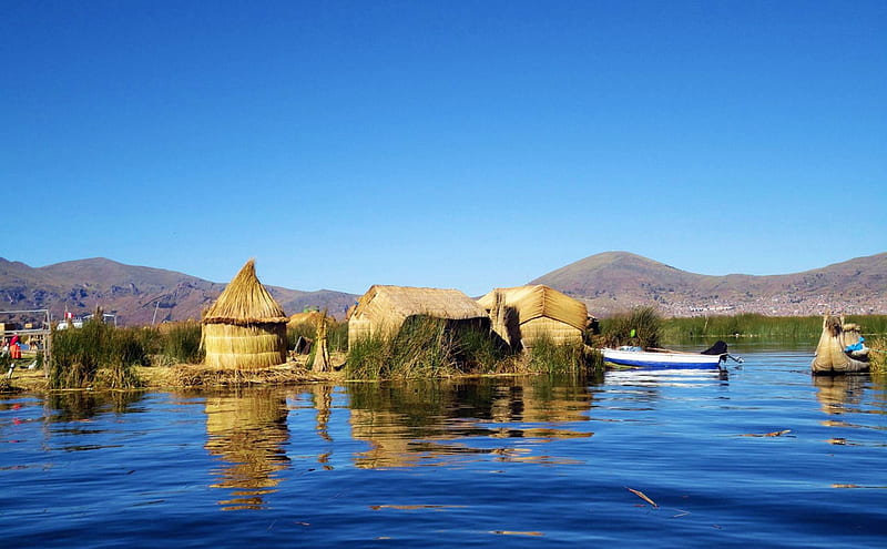 Lake Titicaca, Peru, hills, water, boat, cabins, HD wallpaper