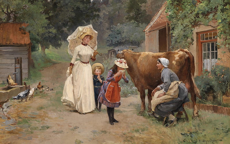 Visit to the farm, art, cow, umbrella, children, mother, woman, hat, farm, boy, girl, painting, copil, milk, emile charles dameron, pictura, HD wallpaper