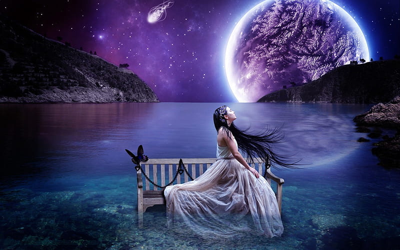 Midnight Blue With A Full Moon, stars, bench, midnight, sky, lake, brunette, shooting star, moon, water, butterfly, blue, HD wallpaper