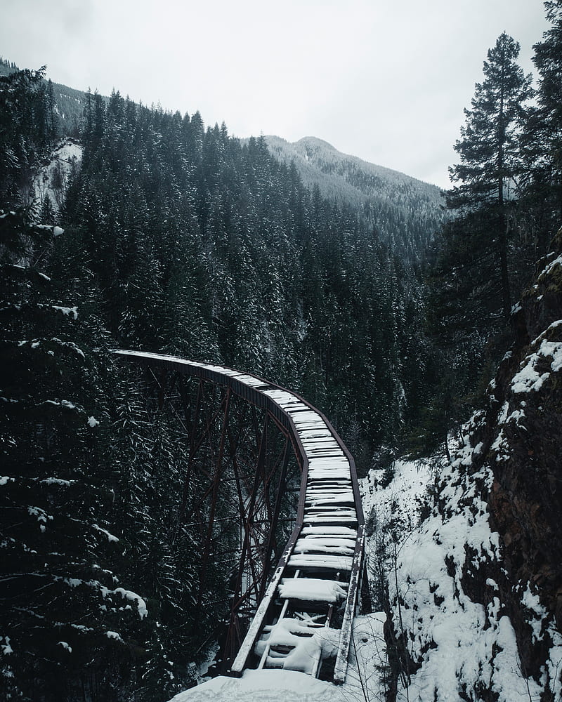 bridge, railway, snow, trees, mountains, snowy, HD phone wallpaper