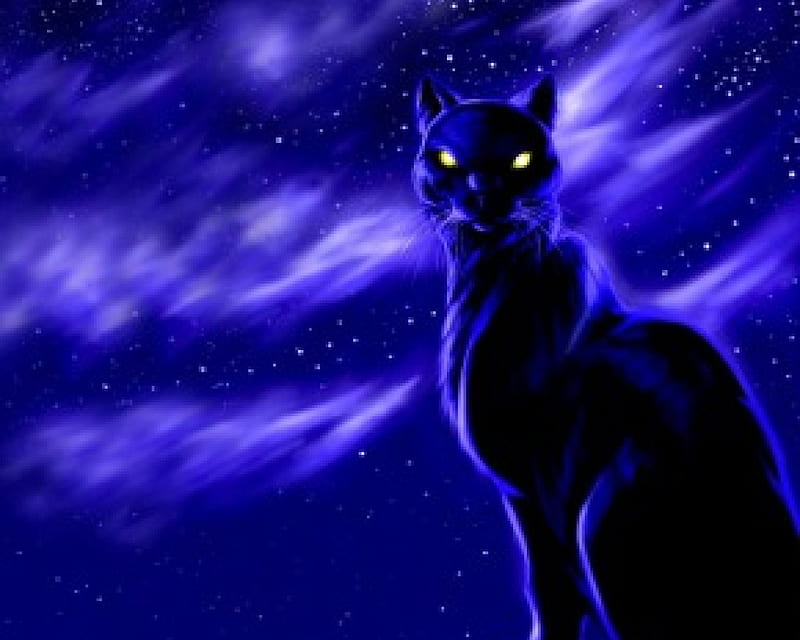 The Black Cat at Night, glowing eyes, black, cat, sky, clouds, mystic, moon, 3d, darkness, dark, ledge, eyes, blue, night, HD wallpaper