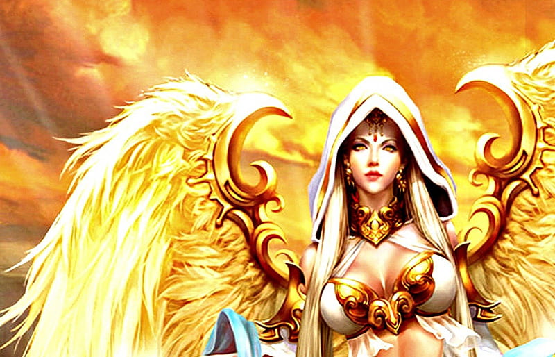 Angel, wings, orange, yellow, woman, armor, fire, fantasy, girl, feather, beauty, HD wallpaper