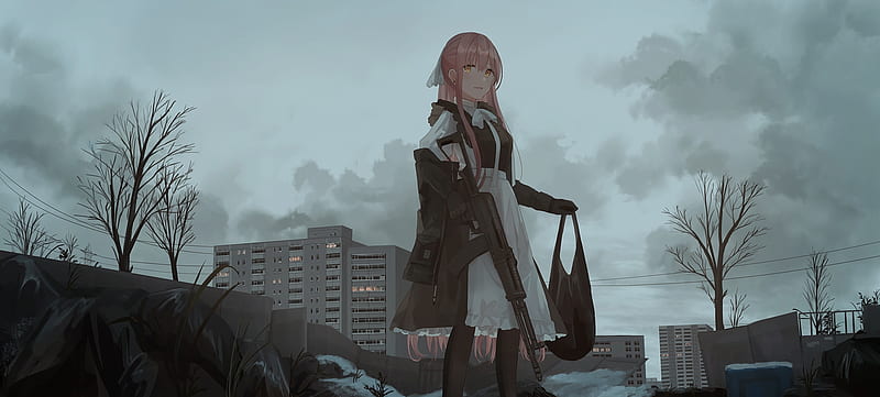 anime girl, rifle, dark, maid dress, pink hair, smiling, Anime, HD wallpaper