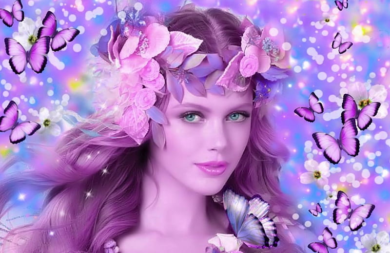 BUTTERFLY NATURE, FEMALE, PURPLE, BUTTERFLIES, PINK, FACE, HAIR, HD wallpaper