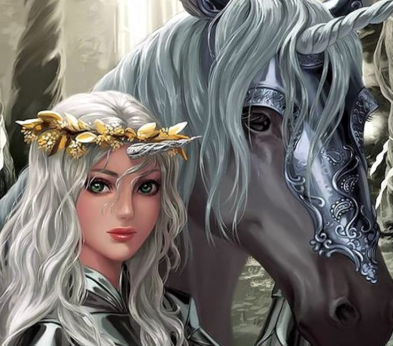 Girl and Unicorn, Girl, pretty, Unicorn, Fantasy, HD wallpaper