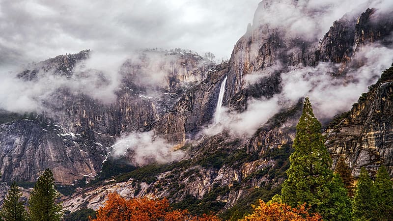 Fall into Winter in Yosemite, mist, autumn, colors, waterfall, trees, mountains, rocks, usa, HD wallpaper