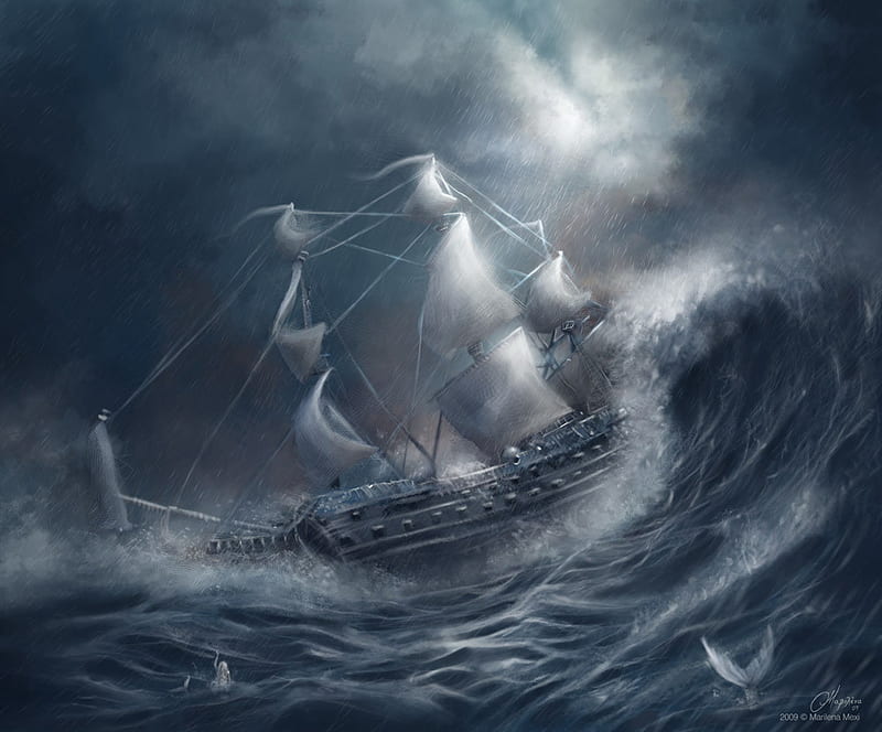 Storm, battle ship, sirens, ocean, night, HD wallpaper