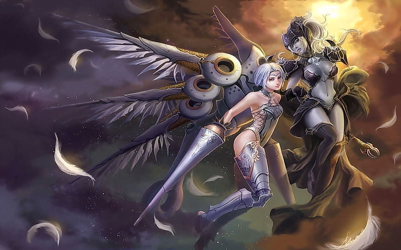 Warrior Battle, sun, two girls, anime girls, thigh highs, kngiht, big breasts, cyber wings, spear, feathers, night, female, cloud, sexy, weapons, armor, dark, underboob, HD wallpaper