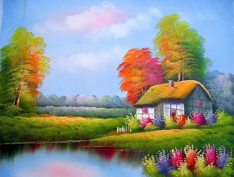 Lonely countryside house, fall, colorful, autumn, house, cottage, falling, cabin, bonito, foliage, nice, painting, flowers, art, quiet, calmness, lovely, colors, lonely, sky, trees, lake, pond, water, serenity, HD wallpaper