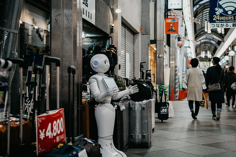 robot standing near luggage bags, HD wallpaper