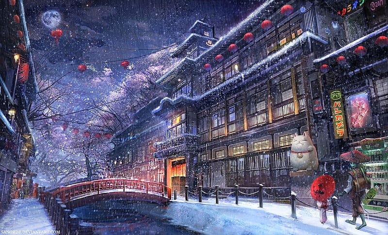 Onsen Village, art, japanese, onsen, winter, japan, snow, village, orginal, scenery, HD wallpaper