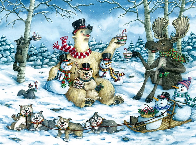 We Go For Cocoa F1, Christmas, squirrel, polar bears, December, bonito, illustration, artwork, painting, wide screen, scenery, art, snowmen, moose, holiday, huskies, raccoon, winter, snow, wildlife, occasion, HD wallpaper
