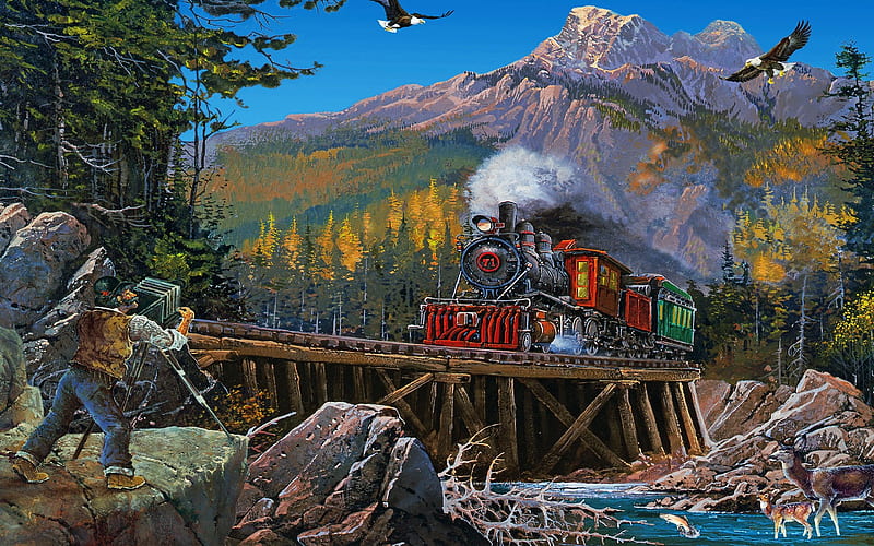 Moving Thru, railways, bridge, trees, locomotive, train, mountains, steam, river, artwork, painting, HD wallpaper