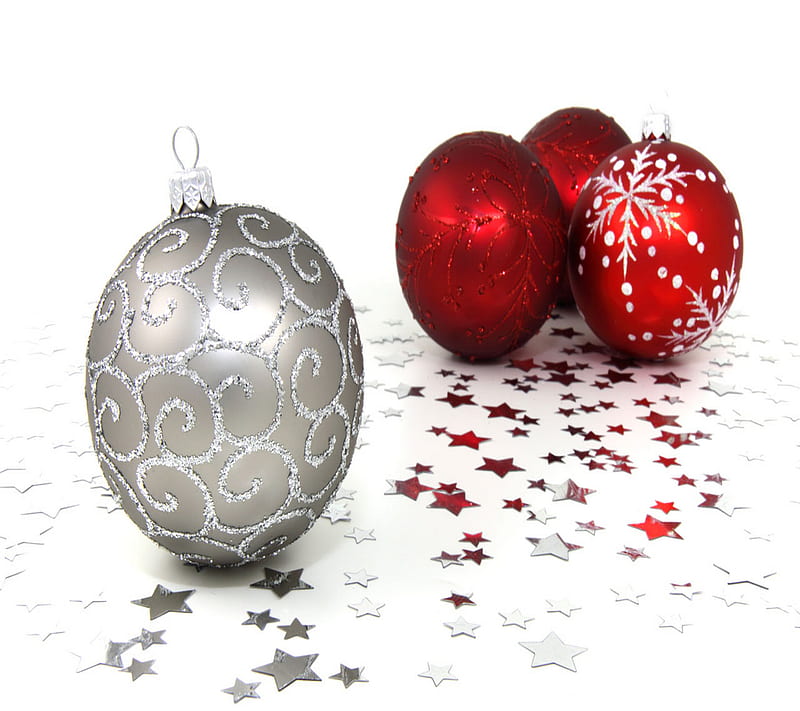 Christmas Baubles, decorations, holiday, ornaments, red, silver, stars, HD wallpaper