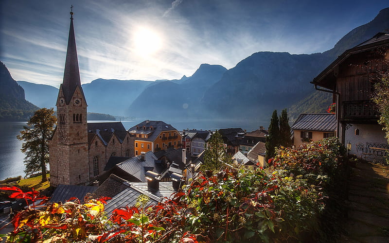 Hallstatt, mountains, church, chapel, Austria, mountain landscape, Upper Austria, Gmunden, HD wallpaper