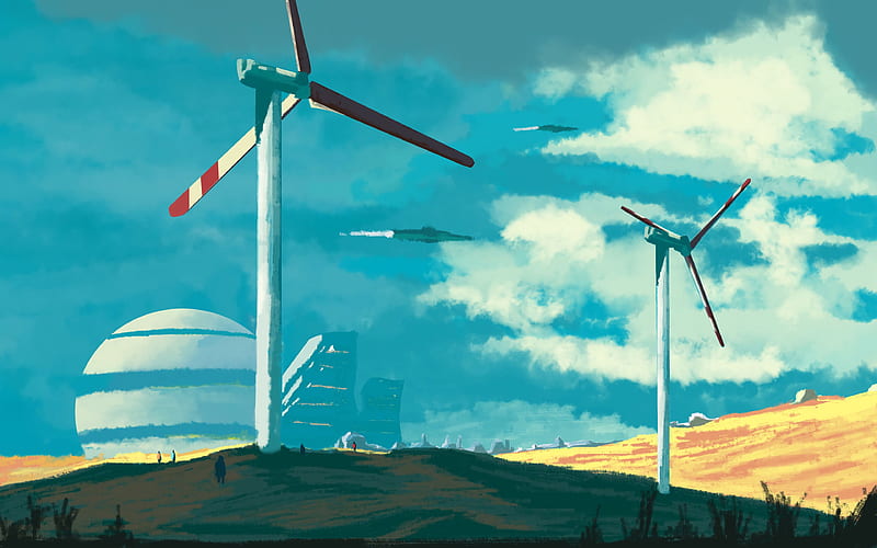 wind turbine, building, sky, art, HD wallpaper