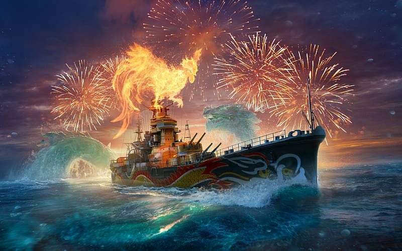 Dragon, Ship, Fireworks, Phoenix, Video Game, Warship, World Of Warships, Warships, HD wallpaper