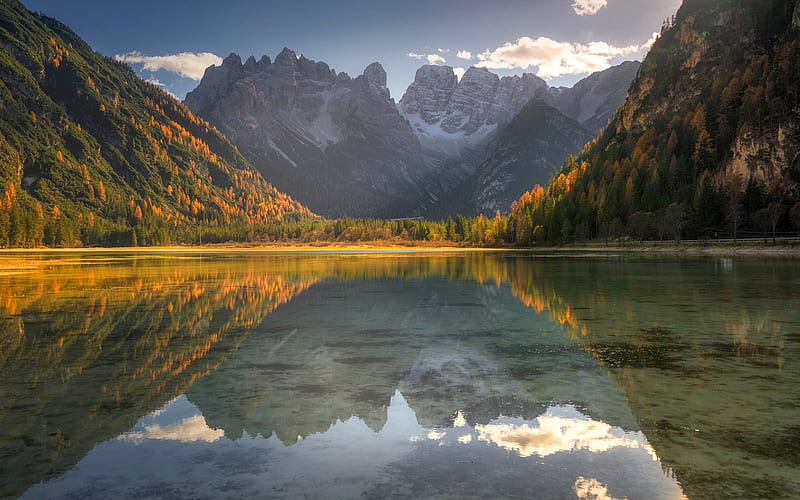 Lake Landro, Durrensi, autumn, mountains, South Tyrol, Italy, Europe, HD wallpaper