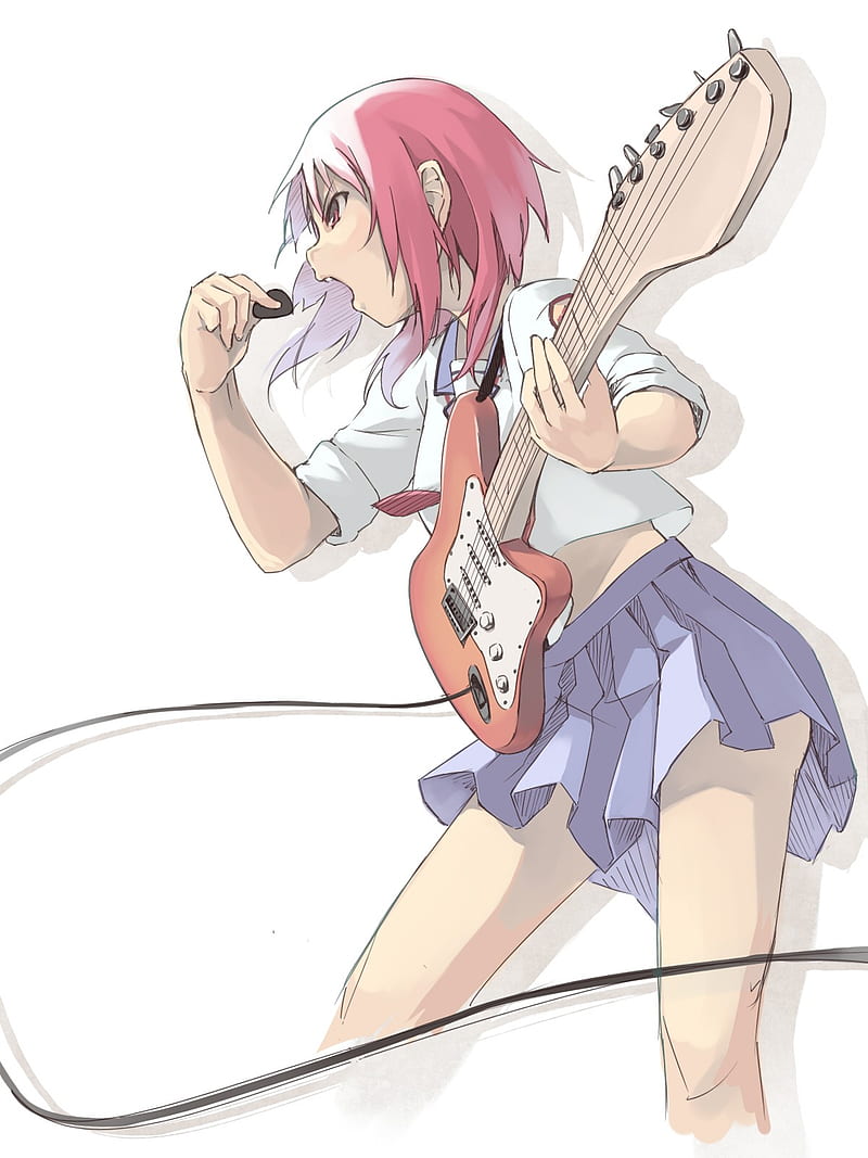 Angel Beats!, anime, anime girls, guitar, musical instrument, pink hair, miniskirt, legs, open mouth, simple background, white background, HD phone wallpaper