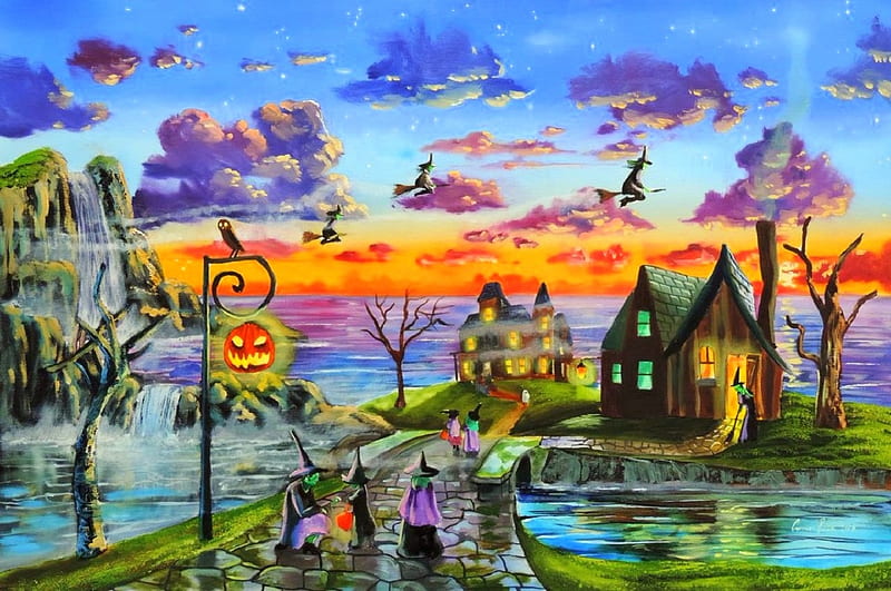 Halloween Witches, halloween, witches, halloween pumpkins, love four seasons, flying witches, pumpkins, holiday, houses, sky, walkway, paintings, HD wallpaper