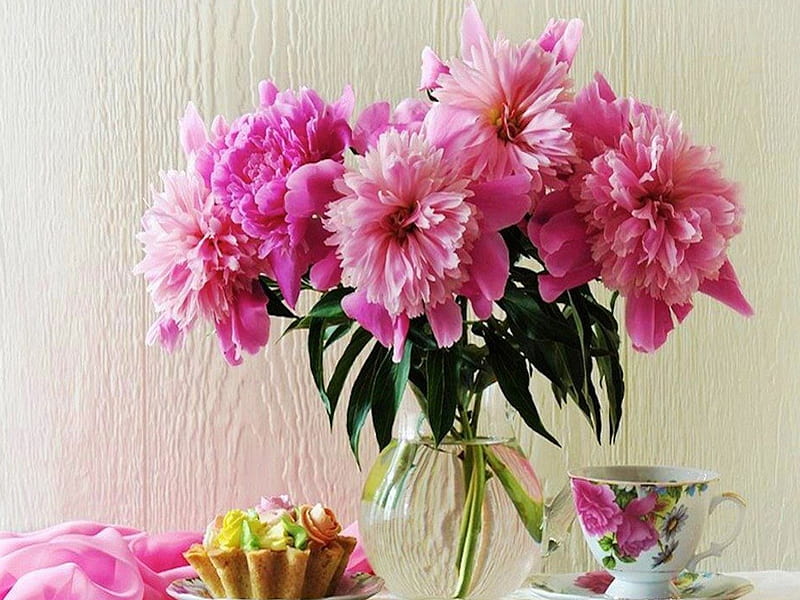 Bright Pink Dahlias, Tea & Dessert, tea time, garden, tea, pink, teacup, dahlia, dessert, HD wallpaper