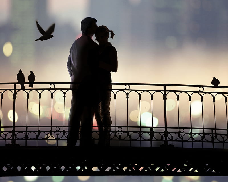 Rendezvous, romantic, feeling, birds, relationship, blurred lights, bridge, love, evening, couple, night, HD wallpaper
