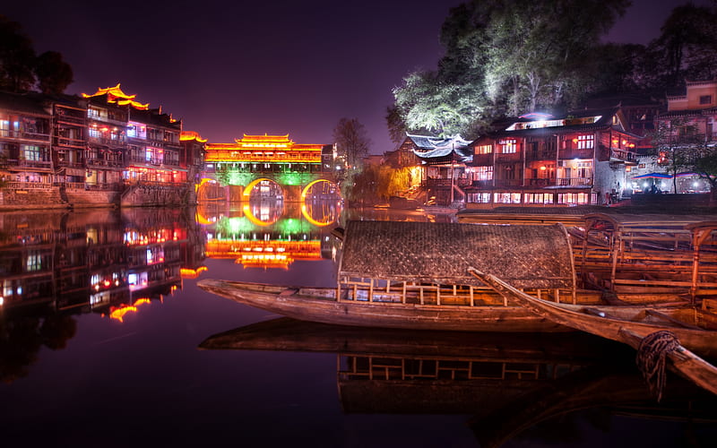 China, architecture, colorful, house, bonito, lights, city, boats, boat, bridge, beauty, reflection, night, lovely, view, houses, buildings, town, colors, sky, trees, lake, building, water, peaceful, nature, HD wallpaper