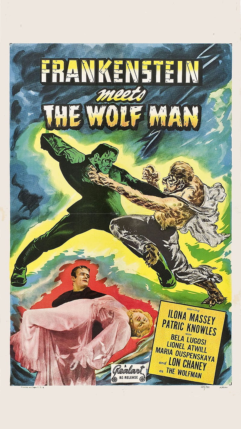 Frankenstein WolfMan, 1943, meets, movie, poster, the, wolf man, HD phone wallpaper