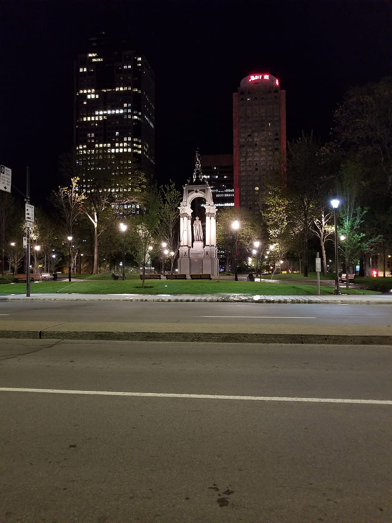 Montreal night, city, landscape, night time, statue, HD phone wallpaper