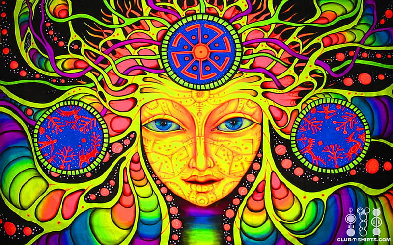 Psychedelic Mandala, psicodelia, purple, circles, yellow, face, abstract, pink, blue, HD wallpaper