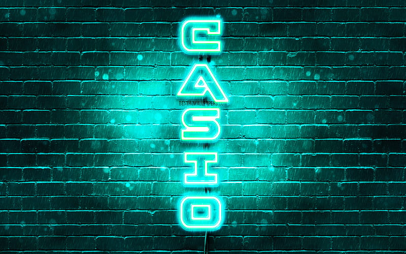 Casio turquoise logo, vertical text, turquoise brickwall, Casio neon logo, creative, Casio logo, artwork, Casio, HD wallpaper
