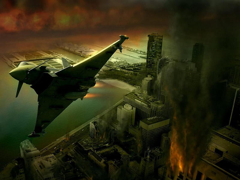 mission accomplished, fire, plane, buildings, river, smoke, HD wallpaper