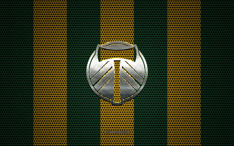 Portland Timbers logo, American soccer club, metal emblem, yellow-green metal mesh background, Portland Timbers, MLS, Portland, Oregon, USA, soccer, HD wallpaper