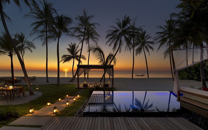 The Maldives, Resorts, beach, Evening, Sunset, HD wallpaper