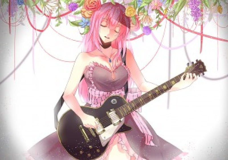Megurine's Lullaby, vocaloid, pretty, colorful, dress, necklace, bow, ribbons, megurine luka, instrument, guitar, anime, flowers, long hair, pink hair, HD wallpaper