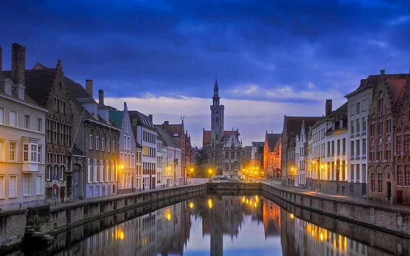 Bruges, Belgium, water, square, Belgium, evening, Bruges, lights, HD wallpaper