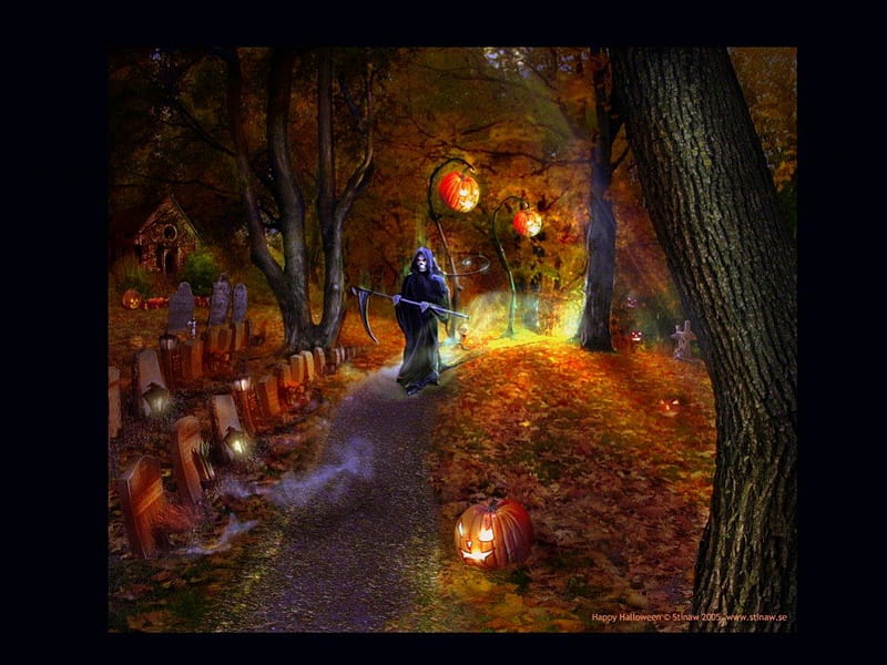 Halloween Cemetary, reaper, halloween, trees, cemetary, pumpkins, HD wallpaper