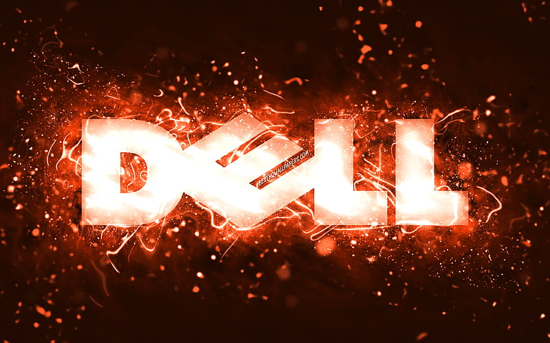 Dell orange logo, orange neon lights, creative, orange abstract background, Dell logo, brands, Dell, HD wallpaper